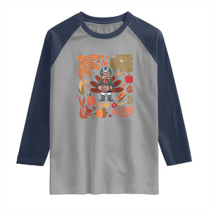 Thanksgiving Turkey And Touchdowns Football Raglan Shirt Boho Floral Game Day Fall Vibes TS10 Sport Gray Navy Print Your Wear