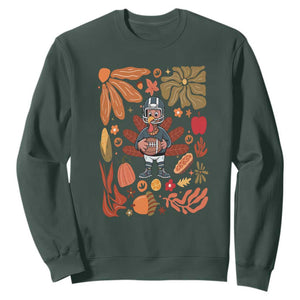 Thanksgiving Turkey And Touchdowns Football Sweatshirt Boho Floral Game Day Fall Vibes TS10 Dark Forest Green Print Your Wear