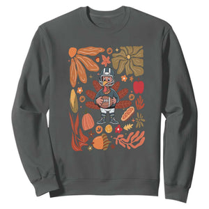 Thanksgiving Turkey And Touchdowns Football Sweatshirt Boho Floral Game Day Fall Vibes TS10 Dark Heather Print Your Wear