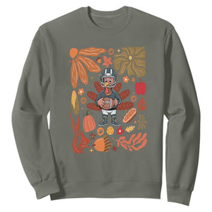 Thanksgiving Turkey And Touchdowns Football Sweatshirt Boho Floral Game Day Fall Vibes TS10 Military Green Print Your Wear