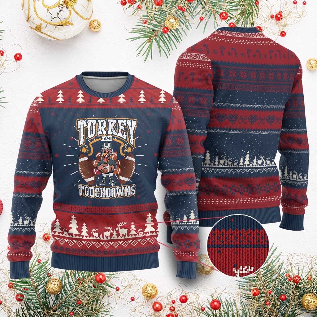 Thanksgiving Turkey And Touchdowns Football Knit Sweatshirt Game Day TS10 Burgundy Print Your Wear