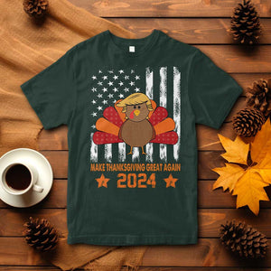 Funny Thanksgiving Trump 2024 T Shirt USA Make Thanksgivings Great Again Turkey Fall Autumn Season TS10 Dark Forest Green Print Your Wear