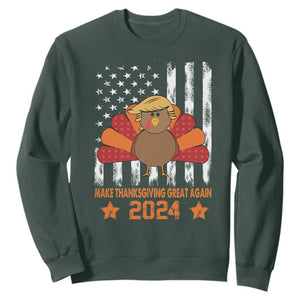 Funny Thanksgiving Trump 2024 Sweatshirt USA Make Thanksgivings Great Again Turkey Fall Autumn Season TS10 Dark Forest Green Print Your Wear