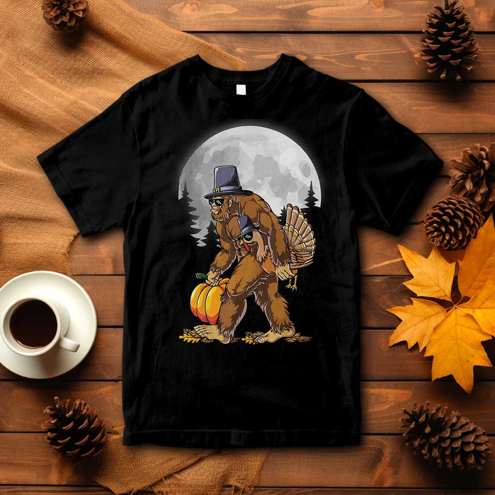 Bigfoot Pilgrim Turkey Pumpkin Thanksgiving Day T Shirt Sasquatch TS10 Black Print Your Wear