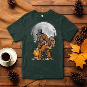 Bigfoot Pilgrim Turkey Pumpkin Thanksgiving Day T Shirt Sasquatch TS10 Dark Forest Green Print Your Wear