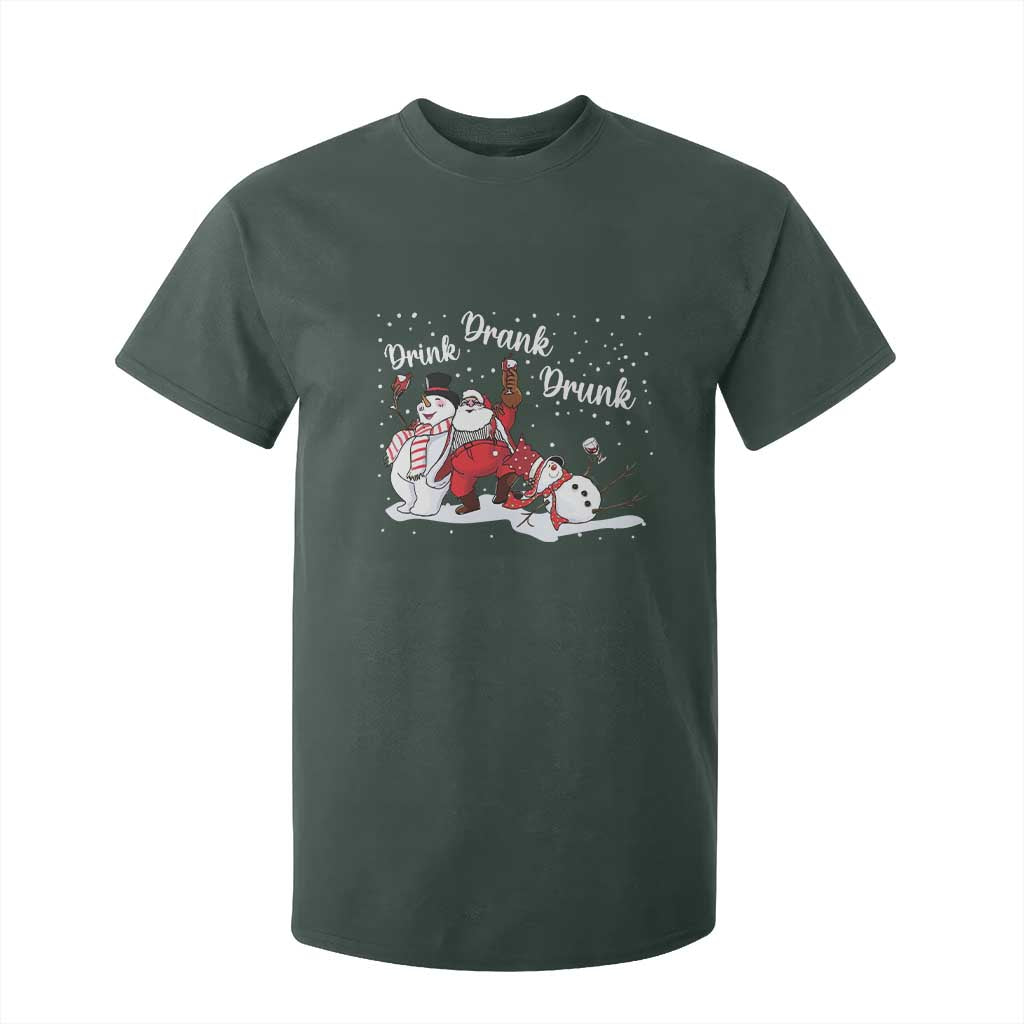 Funny Christmas Drinking T Shirt For Kid Xmas Party Drunk Santa Snowman Drinking Wine TS10 Dark Forest Green Print Your Wear
