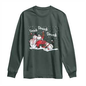 Funny Christmas Drinking Long Sleeve Shirt Xmas Party Drunk Santa Snowman Drinking Wine TS10 Dark Forest Green Print Your Wear