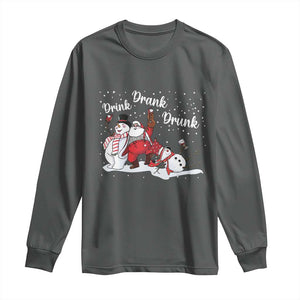 Funny Christmas Drinking Long Sleeve Shirt Xmas Party Drunk Santa Snowman Drinking Wine TS10 Dark Heather Print Your Wear