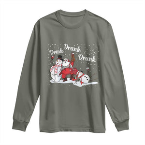 Funny Christmas Drinking Long Sleeve Shirt Xmas Party Drunk Santa Snowman Drinking Wine TS10 Military Green Print Your Wear