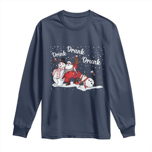 Funny Christmas Drinking Long Sleeve Shirt Xmas Party Drunk Santa Snowman Drinking Wine TS10 Navy Print Your Wear