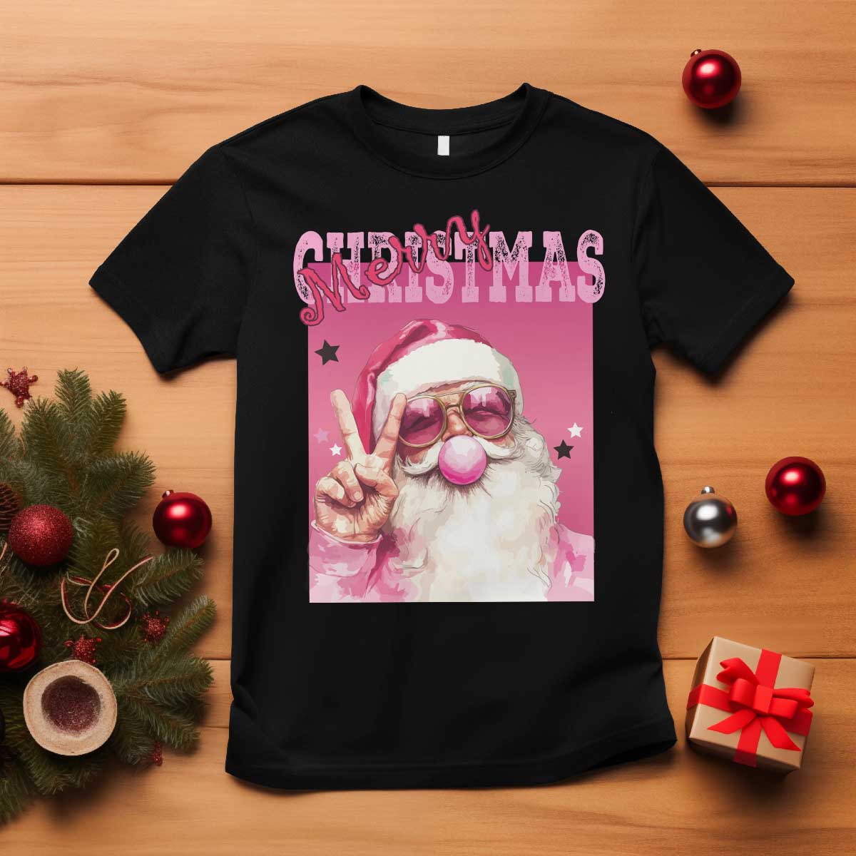 Pink Santa Retro Christmas T Shirt Blowing Bubble Pink Xmas Matching Family Group Party TS10 Black Print Your Wear