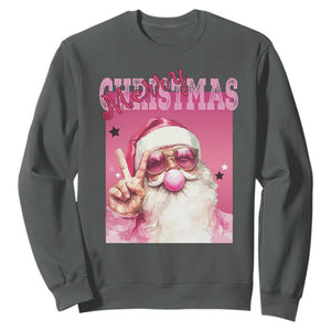 Pink Santa Retro Christmas Sweatshirt Blowing Bubble Pink Xmas Matching Family Group Party TS10 Dark Heather Print Your Wear