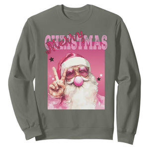 Pink Santa Retro Christmas Sweatshirt Blowing Bubble Pink Xmas Matching Family Group Party TS10 Military Green Print Your Wear