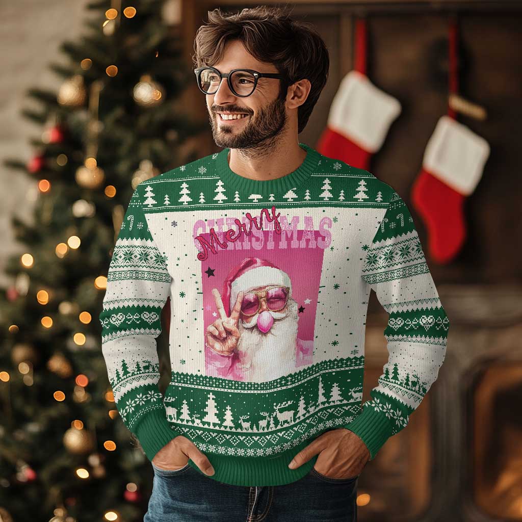 Pink Santa Retro Christmas Ugly Christmas Sweater Blowing Bubble Pink Xmas Matching Family Group Party PrintYourWear Print Your Wear