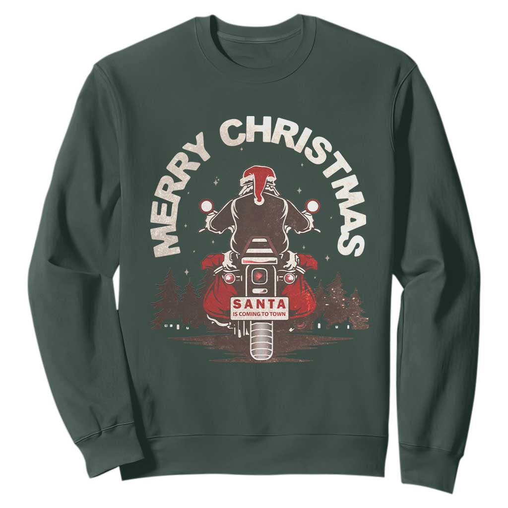 Motorcycle Christmas Sweatshirt Santa Riding to Town Merry Xmas TS10 Dark Forest Green Print Your Wear