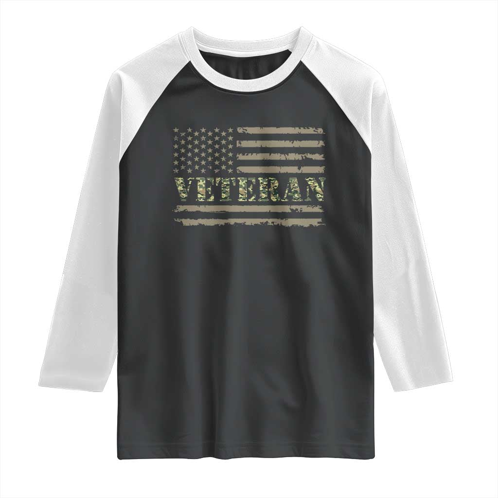 Veteran Raglan Shirt Retro Patriotic Army Camouflage US Flag TS10 Black White Print Your Wear