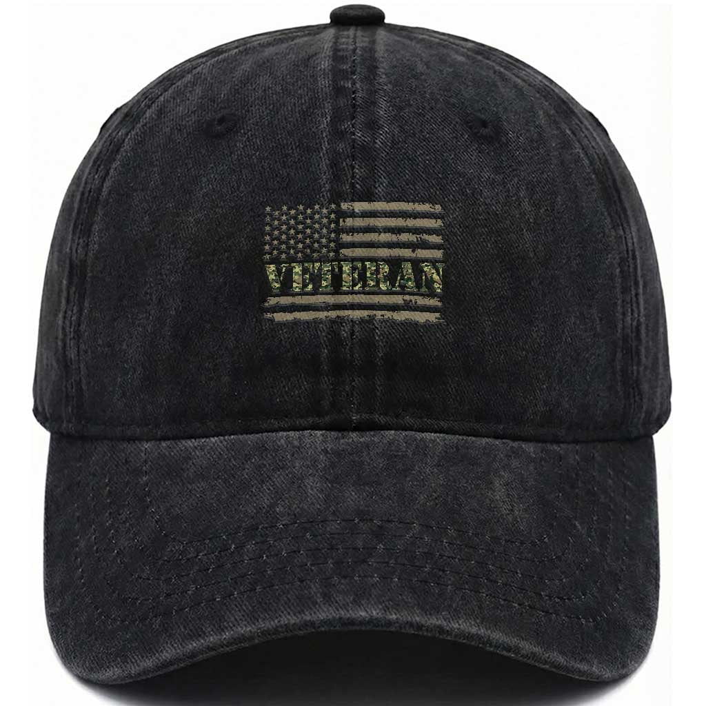 Veteran Washed Cotton Baseball Cap Retro Patriotic Army Camouflage US Flag TS10 Washed Cap Universal Fit Black Print Your Wear