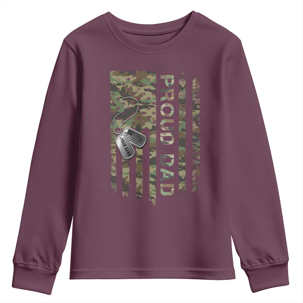 Personalized Proud Army Dad Youth Sweatshirt Custom Name Dog Tag Camo American Flag Gift TS10 Maroon Print Your Wear
