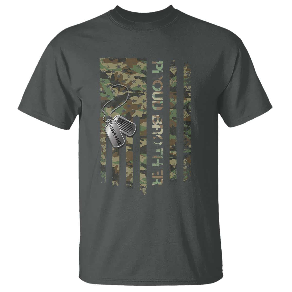 Personalized Proud Army Brother T Shirt Custom Name Dog Tag Camo American Flag Gift TS10 Dark Heather Print Your Wear