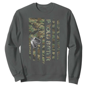 Personalized Proud Army Sister Sweatshirt Custom Name Dog Tag Camo American Flag Gift TS10 Dark Heather Print Your Wear