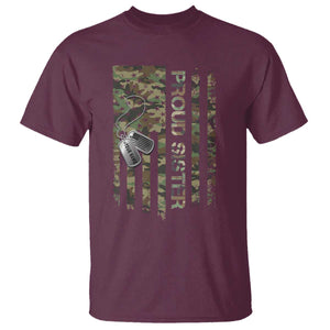 Personalized Proud Army Sister T Shirt Custom Name Dog Tag Camo American Flag Gift TS10 Maroon Print Your Wear