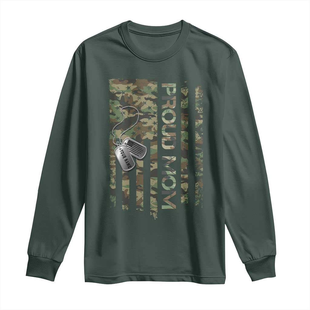 Personalized Proud Army Mom Long Sleeve Shirt Custom Name Dog Tag Camo American Flag Gift TS10 Dark Forest Green Print Your Wear