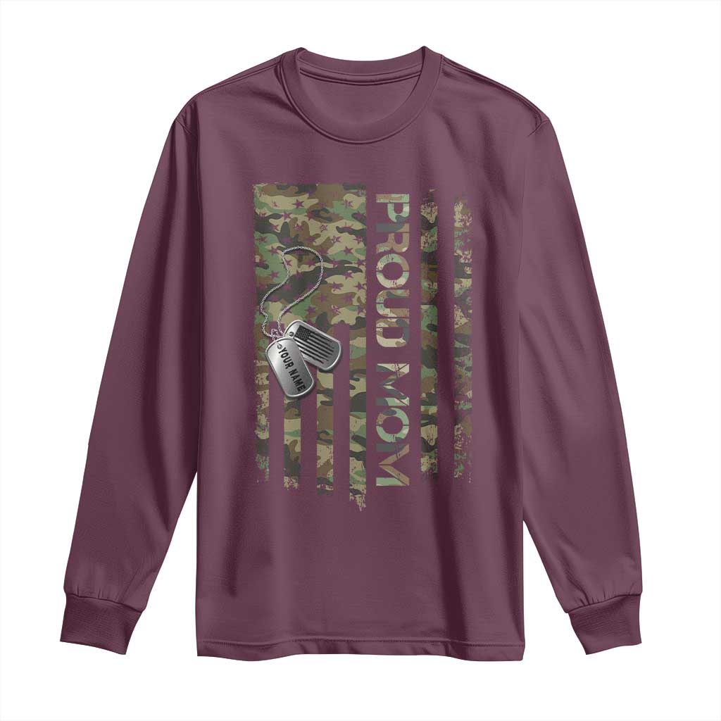 Personalized Proud Army Mom Long Sleeve Shirt Custom Name Dog Tag Camo American Flag Gift TS10 Maroon Print Your Wear