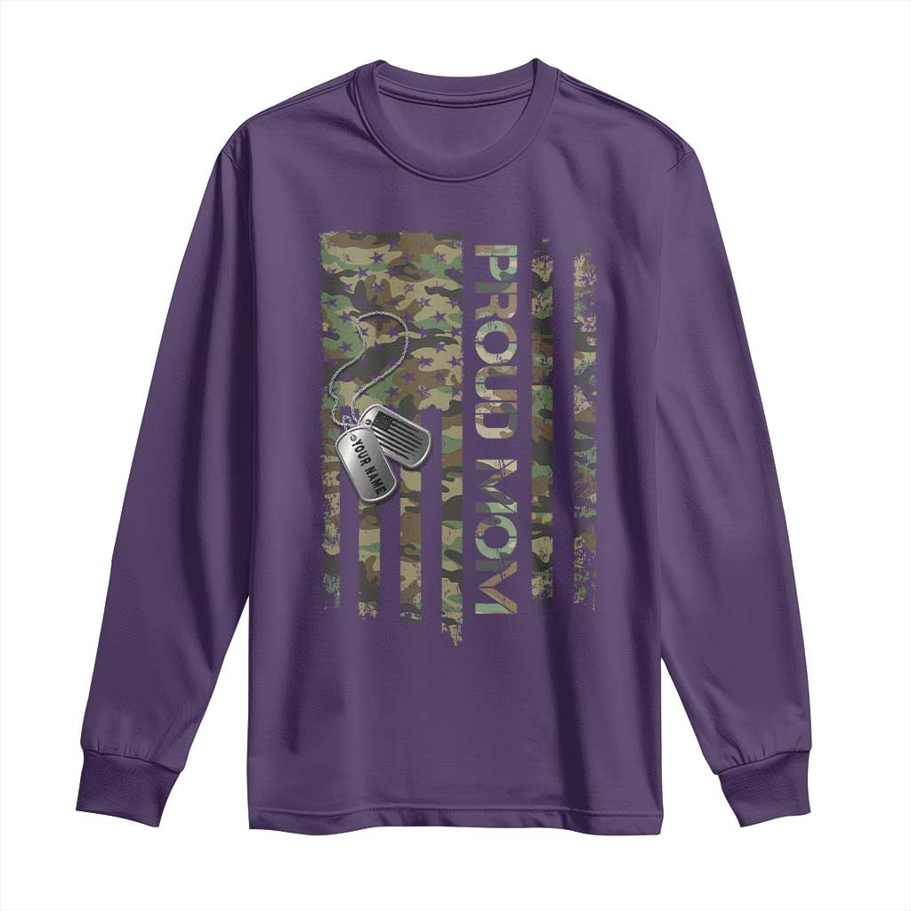 Personalized Proud Army Mom Long Sleeve Shirt Custom Name Dog Tag Camo American Flag Gift TS10 Purple Print Your Wear