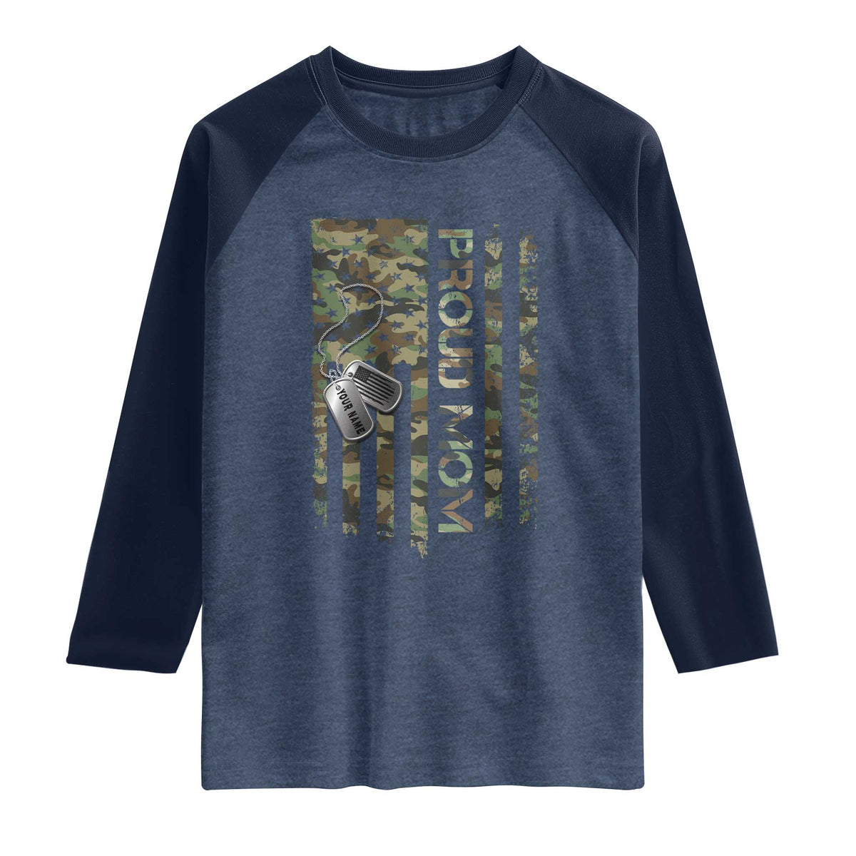 Personalized Proud Army Mom Raglan Shirt Custom Name Dog Tag Camo American Flag Gift TS10 Heather Denim Navy Print Your Wear