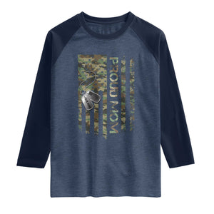 Personalized Proud Army Mom Raglan Shirt Custom Name Dog Tag Camo American Flag Gift TS10 Heather Denim Navy Print Your Wear