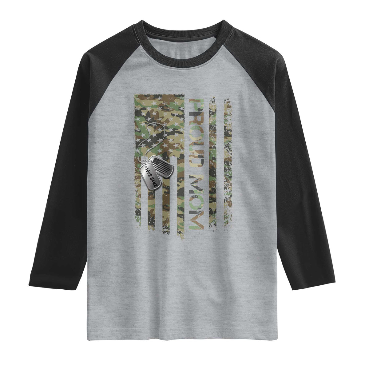 Personalized Proud Army Mom Raglan Shirt Custom Name Dog Tag Camo American Flag Gift TS10 Heather Gray Black Print Your Wear