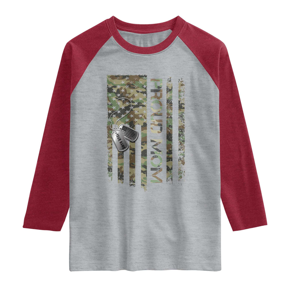 Personalized Proud Army Mom Raglan Shirt Custom Name Dog Tag Camo American Flag Gift TS10 Heather Gray Heather Red Print Your Wear