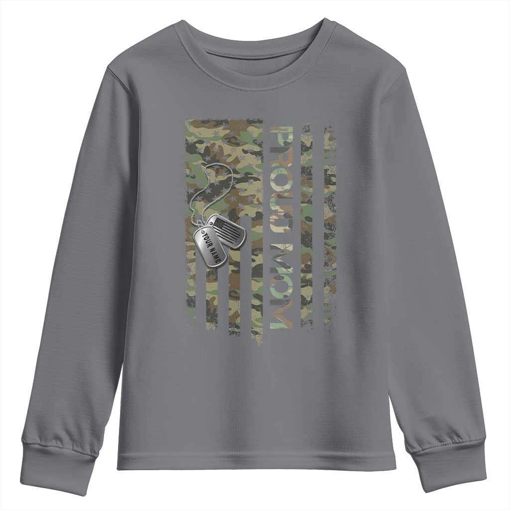 Personalized Proud Army Mom Youth Sweatshirt Custom Name Dog Tag Camo American Flag Gift TS10 Charcoal Print Your Wear