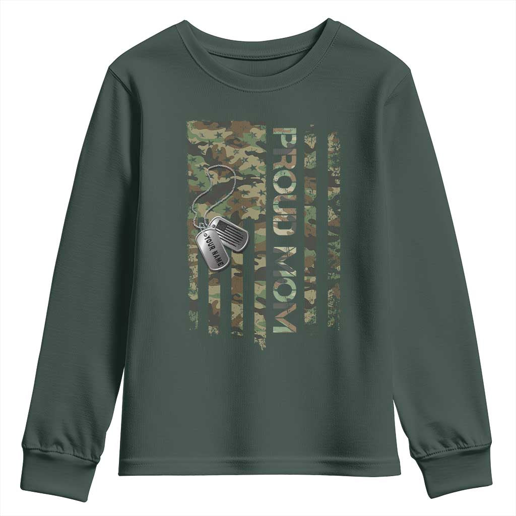 Personalized Proud Army Mom Youth Sweatshirt Custom Name Dog Tag Camo American Flag Gift TS10 Dark Forest Green Print Your Wear