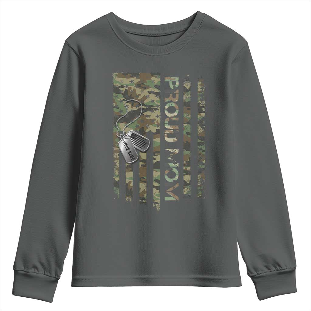 Personalized Proud Army Mom Youth Sweatshirt Custom Name Dog Tag Camo American Flag Gift TS10 Dark Heather Print Your Wear