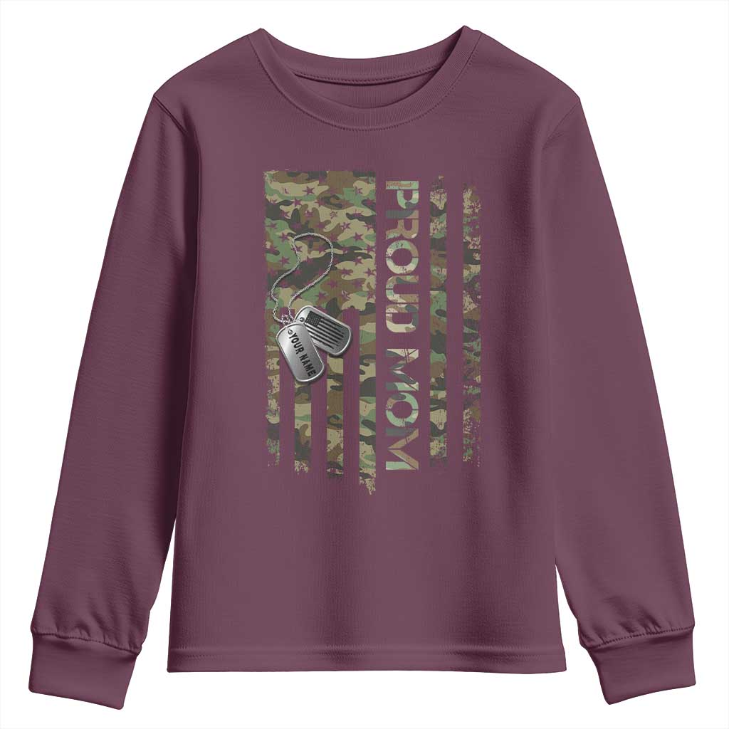 Personalized Proud Army Mom Youth Sweatshirt Custom Name Dog Tag Camo American Flag Gift TS10 Maroon Print Your Wear