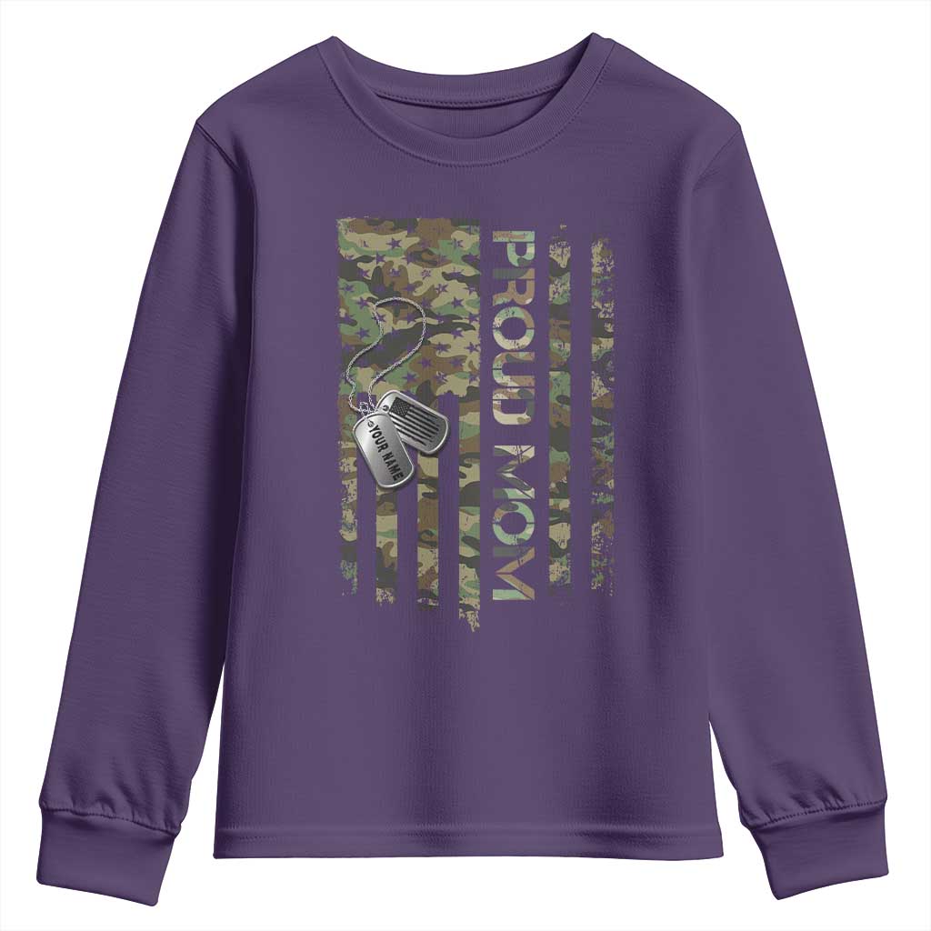 Personalized Proud Army Mom Youth Sweatshirt Custom Name Dog Tag Camo American Flag Gift TS10 Purple Print Your Wear