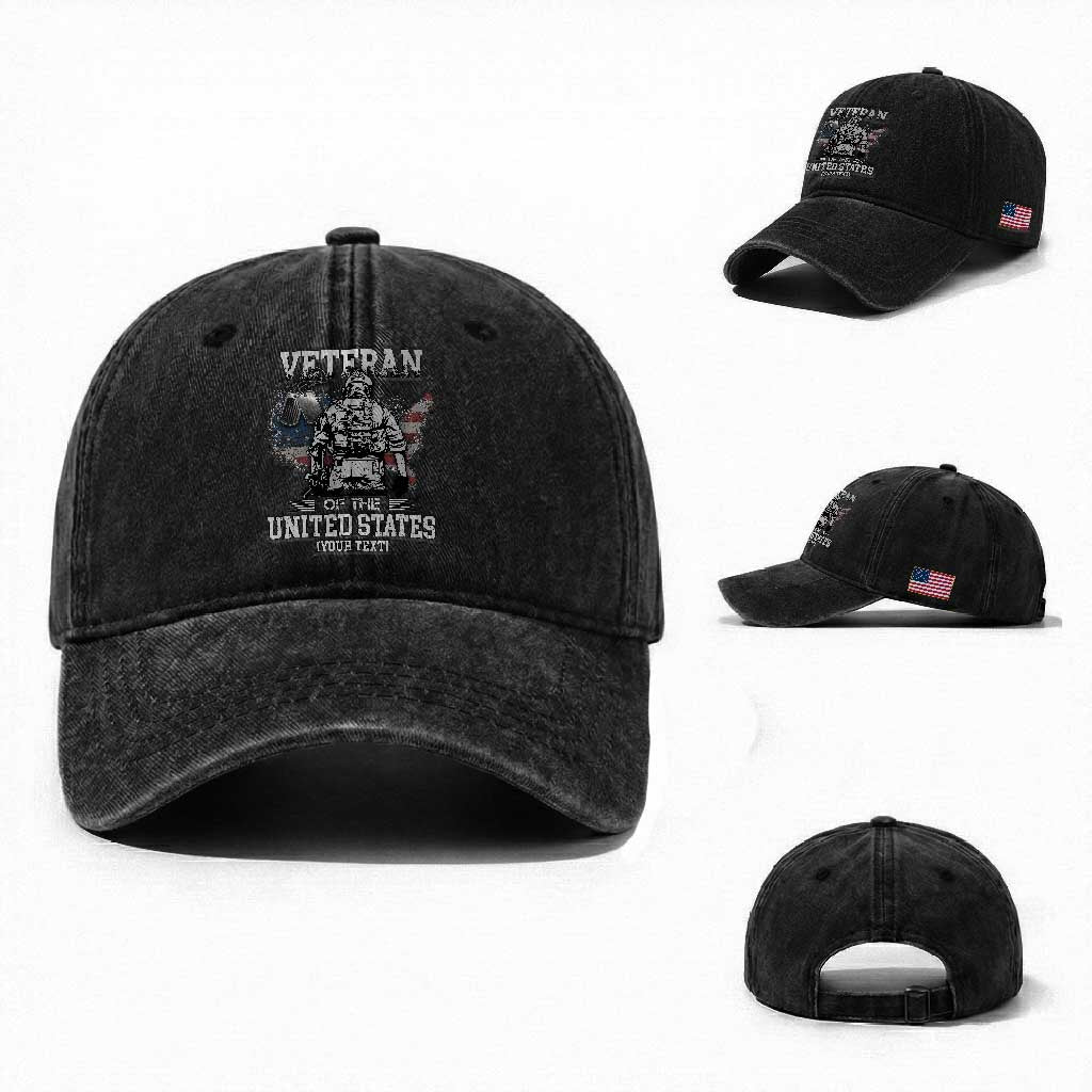 Personalized Veteran Flag Washed Cotton Baseball Cap Custom Name U.S. Army TS10 Washed Cap Universal Fit Black Print Your Wear