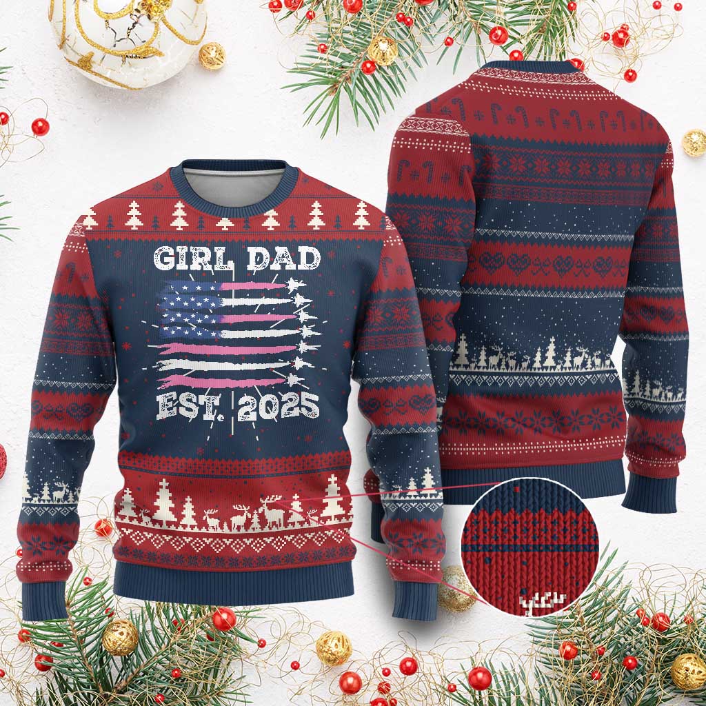 Girl Dad Est. 2025 Knit Sweatshirt American USA Flag Pink Dad Fathers Day TS10 Burgundy Print Your Wear