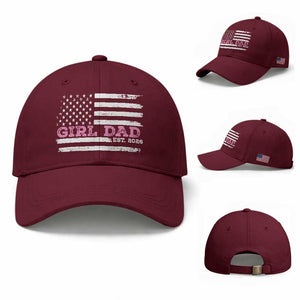 Personalised Dad Of Girl Baseball Cap Custom Year Daddy Fathers Day USA Flag TS10 Baseball Cap Universal Fit Maroon Print Your Wear