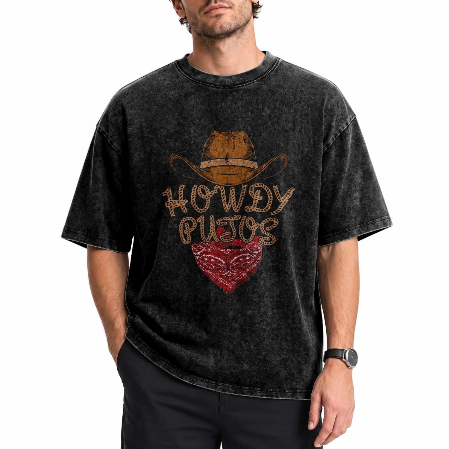 Howdy Putos Washed Cotton T-Shirt Funny Western Country Rodeo Southern Retro Cowboy