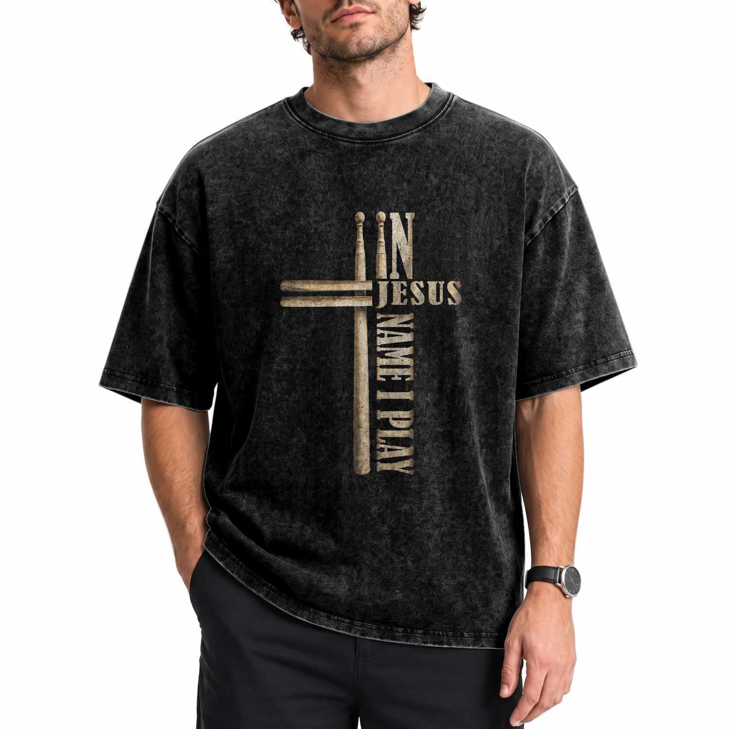 Christian Drummer Washed Cotton T-Shirt In Jesus Name I Play Drumstick Cross Drums Percussionist