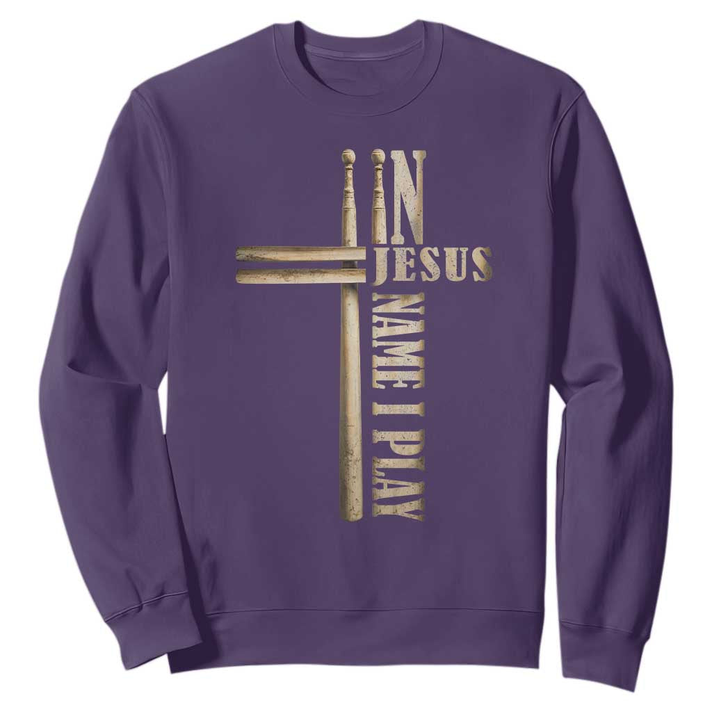 Christian Drummer Sweatshirt In Jesus Name I Play Drumstick Cross Drums Percussionist TS10 Purple Print Your Wear