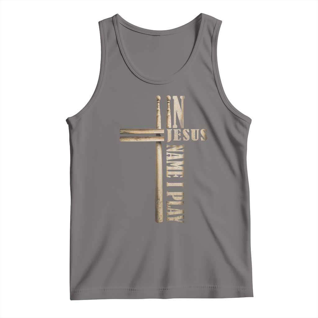 Christian Drummer Tank Top In Jesus Name I Play Drumstick Cross Drums Percussionist TS10 Deep Heather Print Your Wear