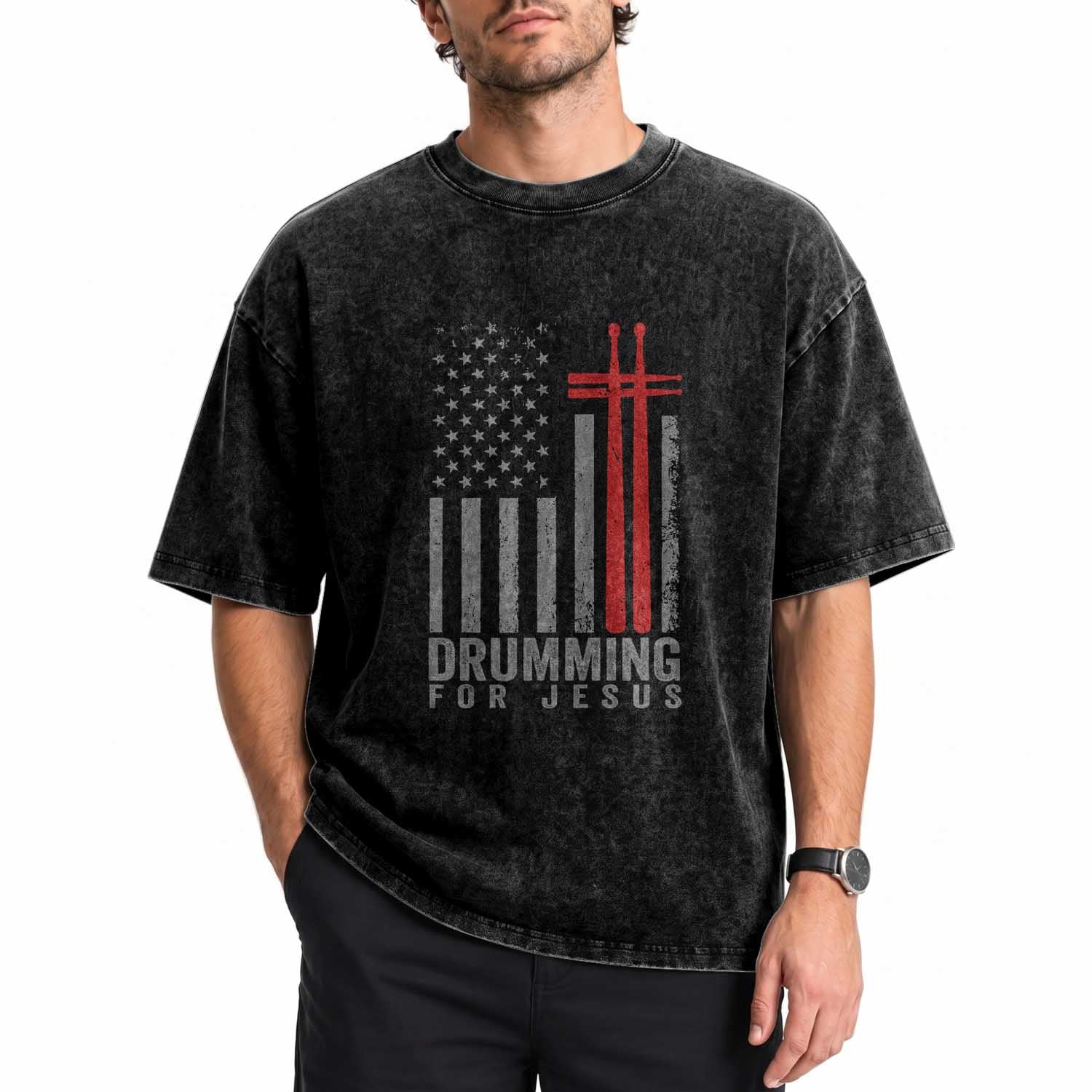 Christian Drummer Washed Cotton T-Shirt Drumming For Jesus Cross USA Flag Percussionist