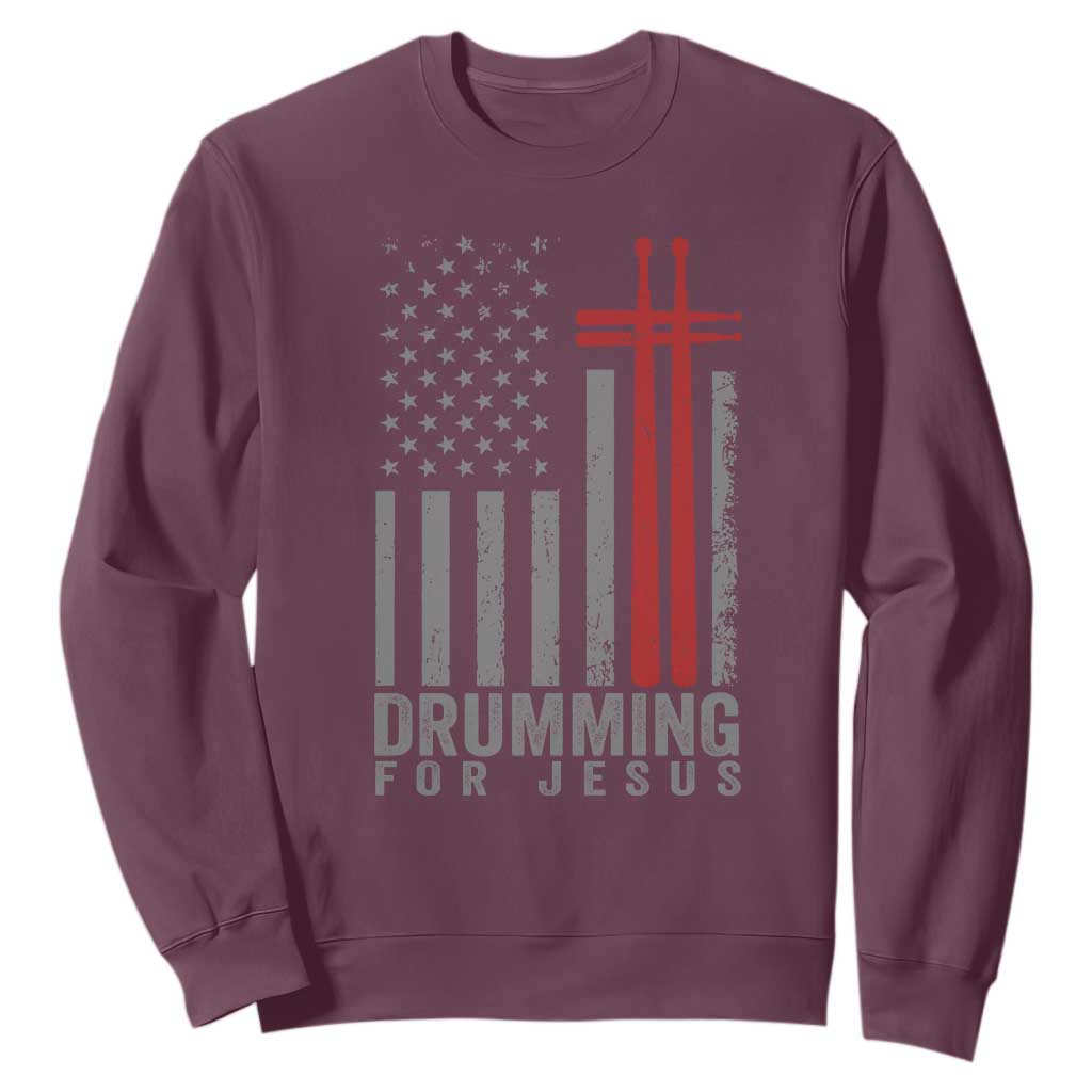 Christian Drummer Sweatshirt Drumming For Jesus Cross USA Flag Percussionist TS10 Maroon Print Your Wear