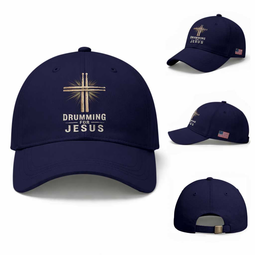 Christian Drummer Baseball Cap Drumming For Jesus Drumstick Cross Percussionist TS10 Baseball Cap Universal Fit Dark Blue Print Your Wear