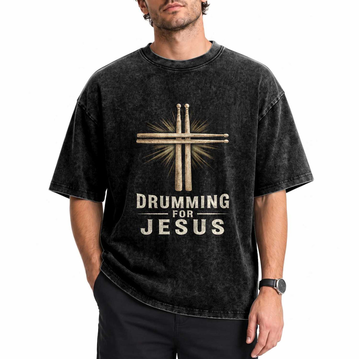 Christian Drummer Washed Cotton T-Shirt Drumming For Jesus Drumstick Cross Percussionist
