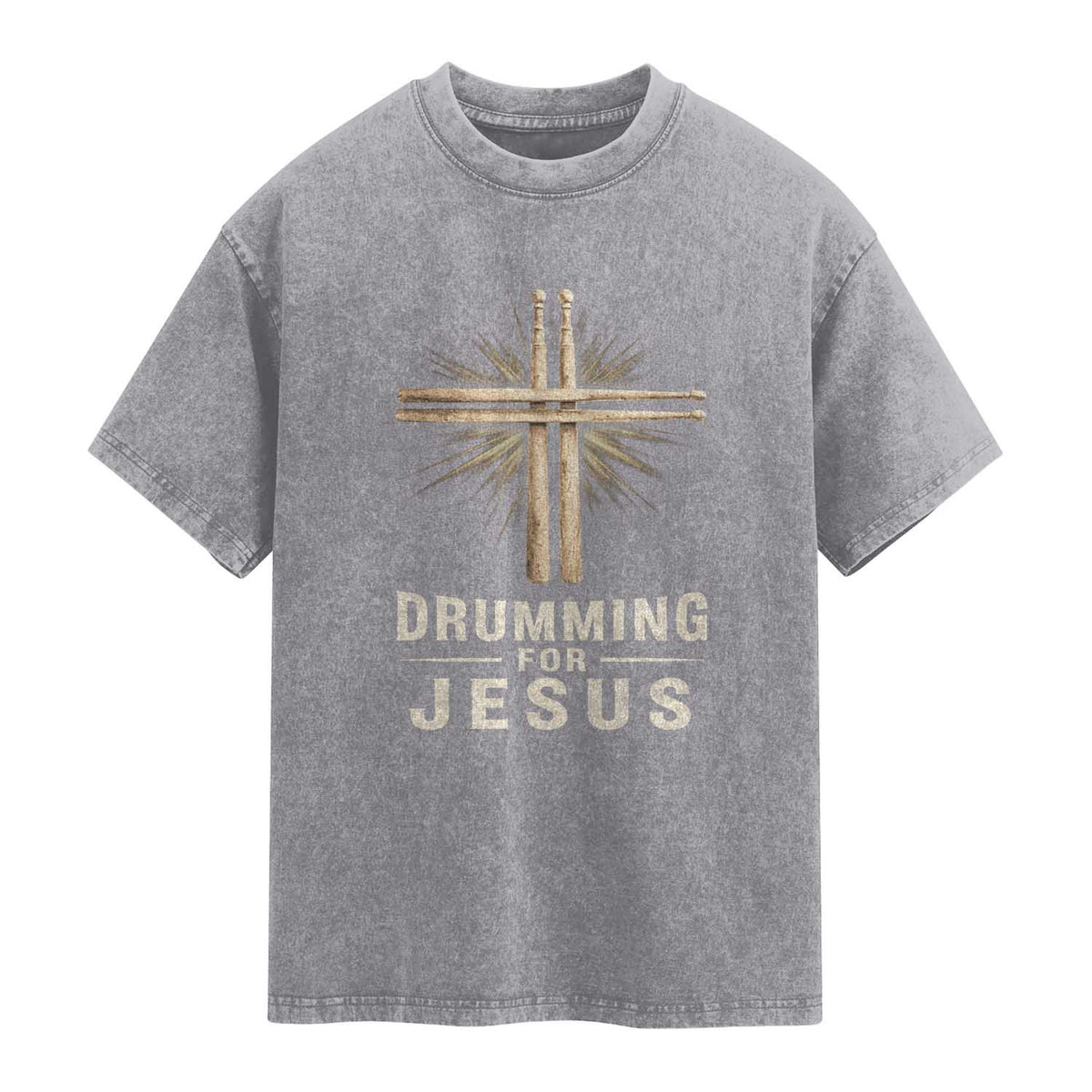 Christian Drummer Washed Cotton T-Shirt Drumming For Jesus Drumstick Cross Percussionist