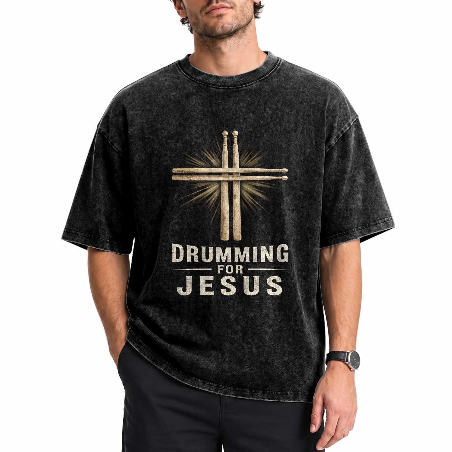 Christian Drummer Washed Cotton T-Shirt Drumming For Jesus Drumstick Cross Percussionist